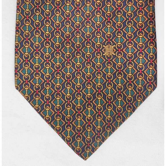 Celine Paris Mens Neck tie Geo Print Chain Link Logo Design Silk Green Red Navy - Picture 3 of 9